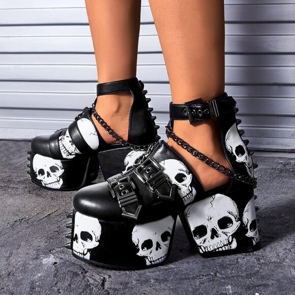 ⚡Women's Skull Design Silver Spiked Studs Chunky Platform Black Wedges Shoes - Picture 4 of 7